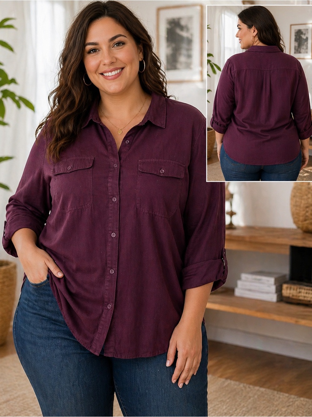 Eddie Bauer XL Minimalist Women's Button-Down Shirt in Deep Plum